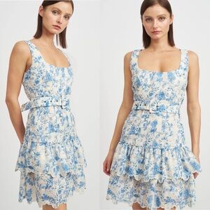 EN SAISON Davina Floral Eyelet Embroidered Scallop Hem Mini Dress White Blue S
